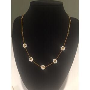 Gold Tone Stainless Steel Faux Pearl Flower Station Necklace Adjustable 16"-18"